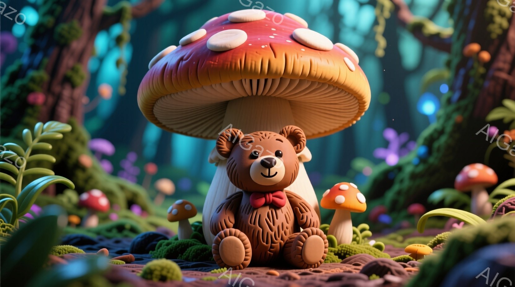 ぬいぐるみのようなテディベアが、大きな赤い水玉模様のキノコの傘の下に座っています。赤い蝶ネクタイを付けたベアは、穏やかな微笑みを浮かべ、可愛らしい表情をしています。背景は鮮やかな緑色の植物や様々な形の - AI生成フリー素材