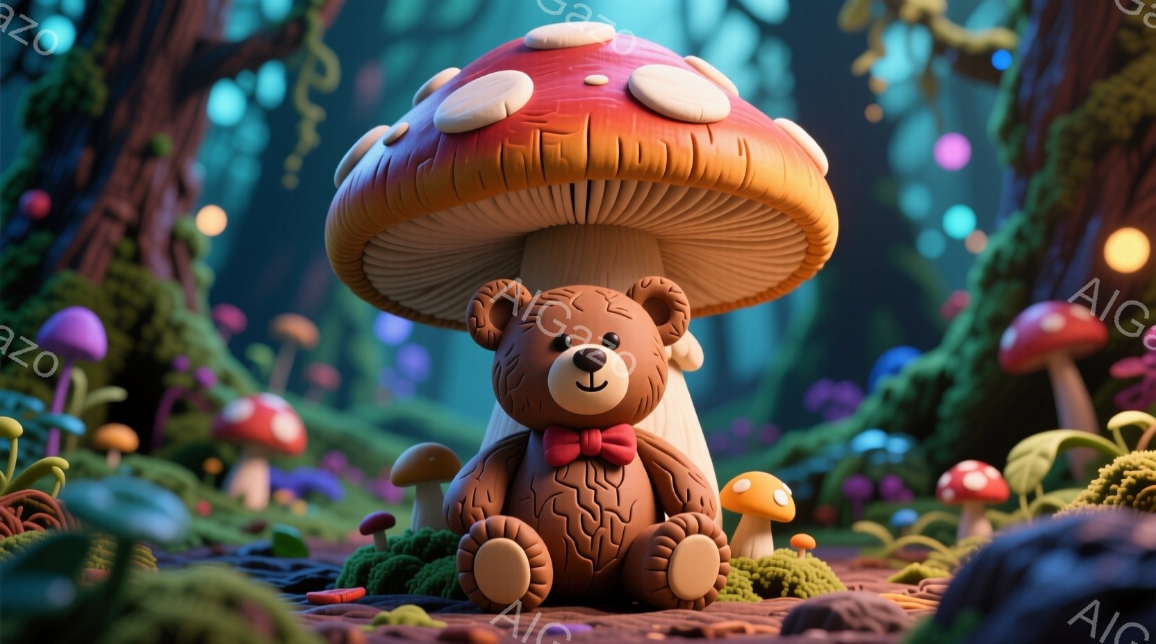 ワンダーランドを模したファンタジーの世界を表しています。中央には、白い毛皮で覆われた小さなぬいぐるみが座り、赤いリボンを身につけています。その前には、マックスブルームフォレストを思わせる広大な森が広がっており、複数の魔法使いの杖や植物が見られます。ぬいぐるみは対面に向かって微笑みつつ、手を膝に当て、リボンを覆うようにしています。背景には幻想的な低木や巨大な赤と白のキノコが見えるでしょう。全体として、画像は鮮やかで童話的な雰囲気を持っています。