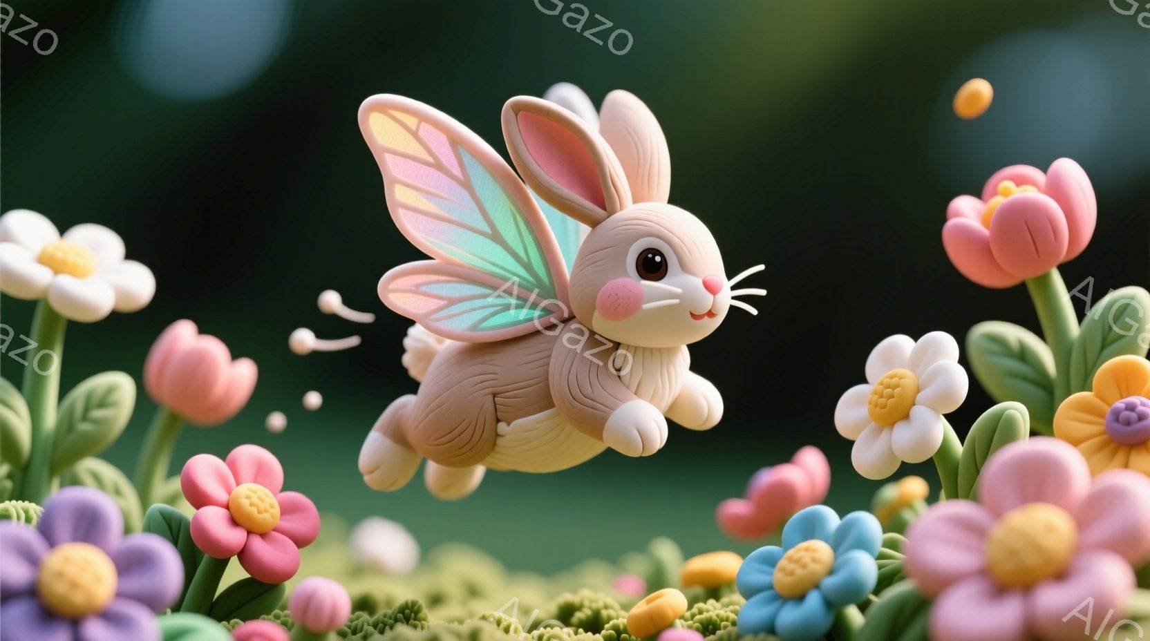 これは、花の間を飛んでいる、可愛らしい子ウサギの画像です。薄いピンク色で、翼があり、まるで妖精のようです。背景には緑色の草と色とりどりの花が咲き乱れ、暖かく、夢幻的な雰囲気が漂っています。 - AI生成フリー素材