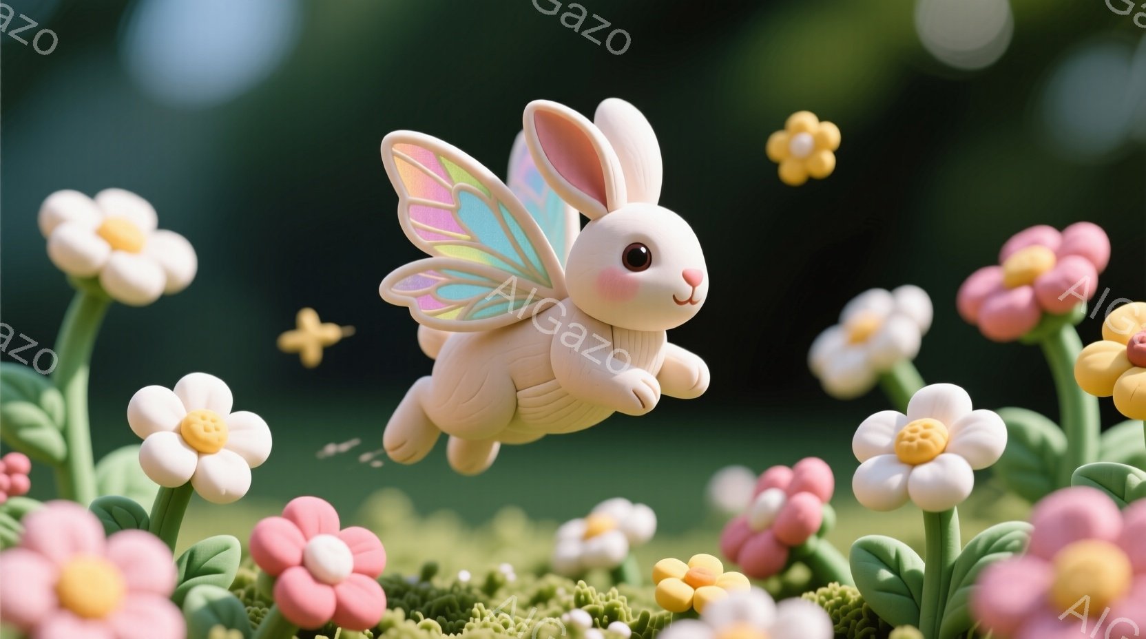 白くてふわふわのウサギが、虹色の羽をつけて草原を飛び跳ねています。周囲にはピンクや黄色の可愛らしい花々が咲き乱れ、まるで絵本のような優しい雰囲気が漂っています。背景はぼやけた緑色で、明るい日差しが降り注ぎ、暖かく平和な一日を予感させます。