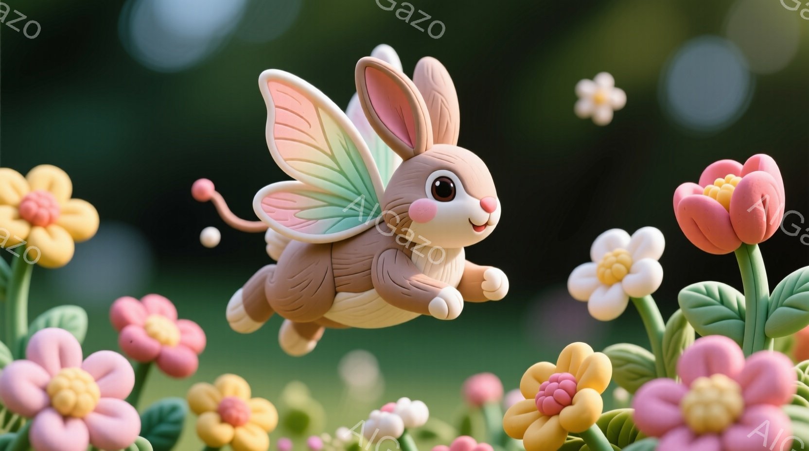 明るい緑の背景に、かわいらしい茶色の蝶の姿をしたウサギが描かれています。ウサギはピンク色の羽を持ち、空中で飛び跳ねている様子で、表情は喜びにあふれています。周囲には、ピンク、白、黄色の花々が咲き乱れ、全体的に暖かく、夢のような雰囲気を醸し出しています。