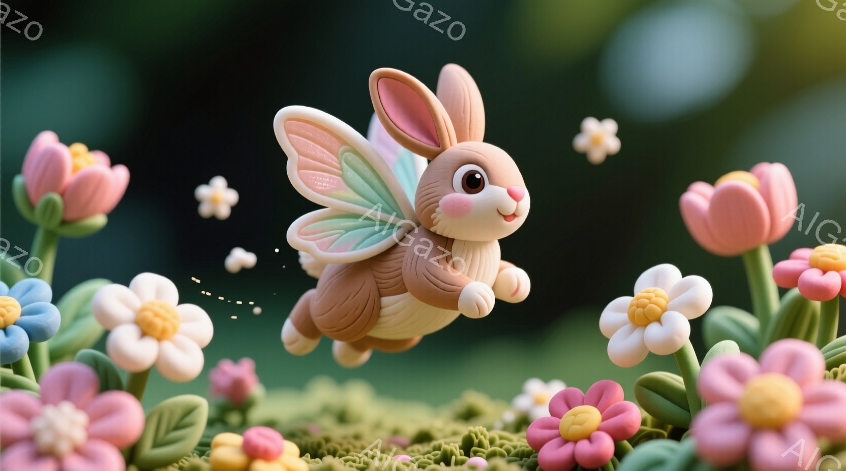 可愛らしい茶色のウサギが、ピンクと白の羽根をつけて花の間を飛んでいます。ウサギは笑顔で、丸い頬はほんのり赤く、全体的に柔らかいパステルカラーの花々と緑の芝生が広がっています。背景はぼやけており、夢のよ - AI生成フリー素材