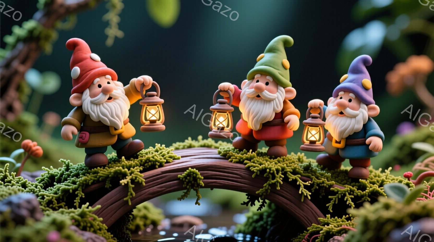 小さな男たちが苔むした橋の上に並んで立っており、それぞれ手に提灯を持っています。彼らは皆、色とりどりの帽子と服を着ており、白いひげと優しい笑顔を見せています。背景には緑豊かな植物と水面が広がり、幻想的で温かい雰囲気を醸し出しています。