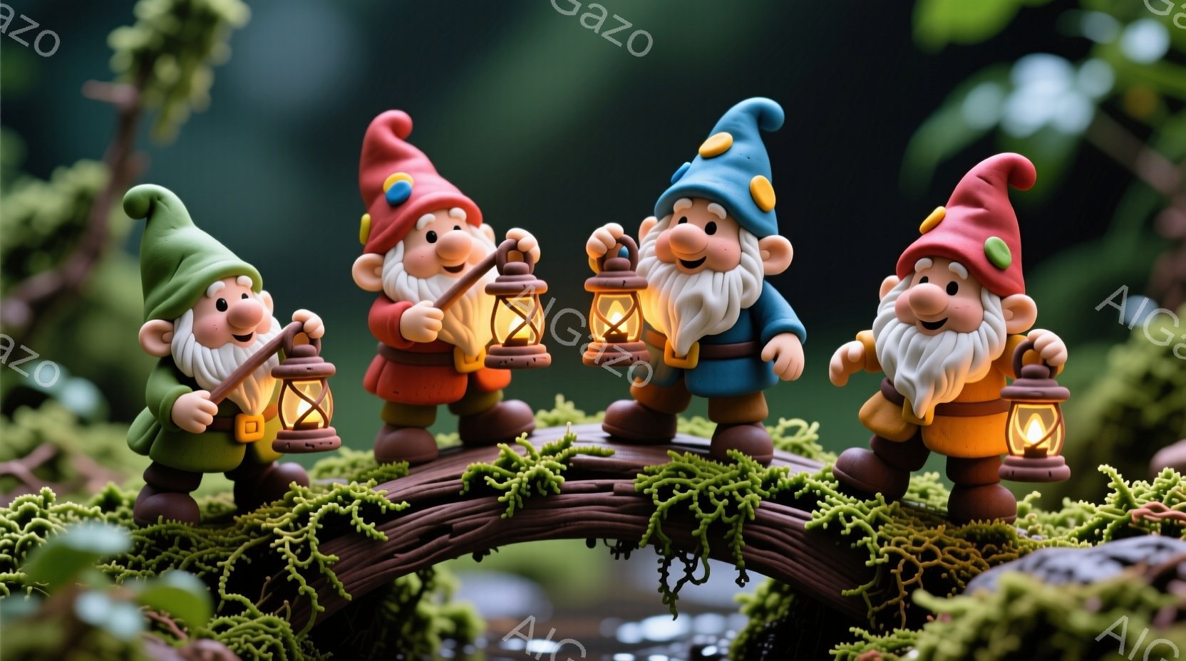 小さな橋の上に並んだ4人の可愛らしい小人が描かれています。各小人は、異なる色の帽子（緑、赤、青、赤）を被り、白いひげを蓄え、笑顔を浮かべて懐中電灯を持っています。背景は緑豊かな植物で覆われ、水の流れが見え、全体的に温かく、幻想的な雰囲気が漂っています。