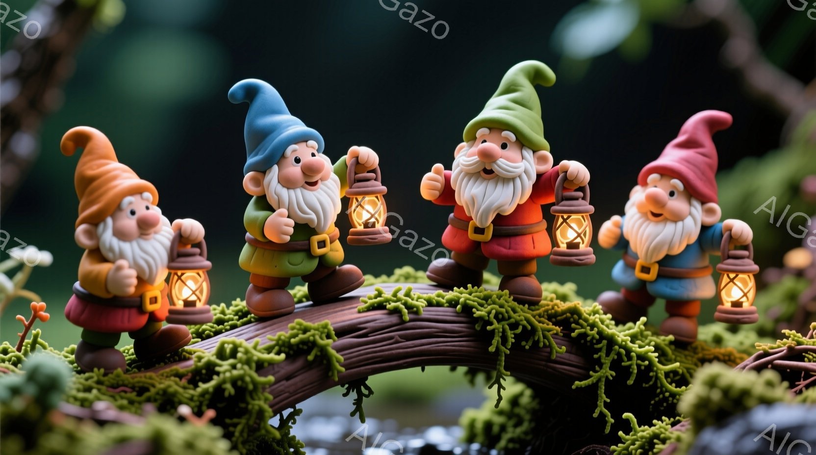 小さな庭のノームが、苔むした木の橋の上を並んで歩いている様子が描かれています。ノームたちはそれぞれ異なる色の帽子と服を着ており、手に小さな光るランタンを持っています。背景には緑豊かな植物があり、幻想的 - AI生成フリー素材