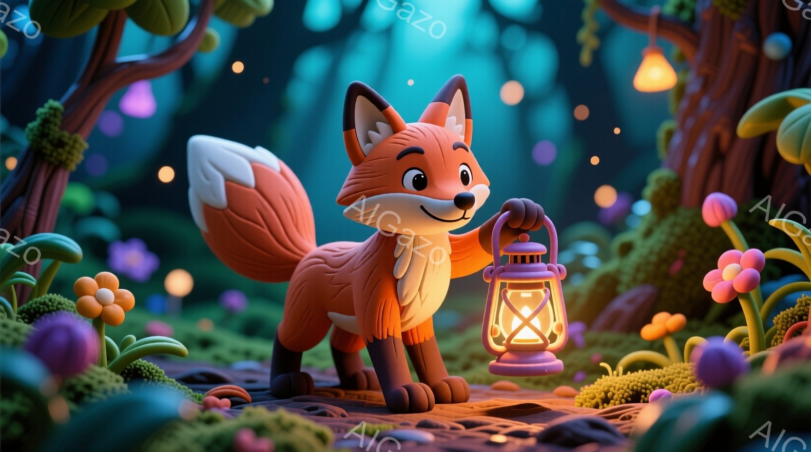 明るいオレンジ色のキツネが、紫色の台座に置かれた灯りを手に持っている。キツネは笑顔で、少し上を見ている愛らしいポーズを取っている。背景には、カラフルなきのこや植物が生い茂る幻想的な森が広がり、全体的に - AI生成フリー素材