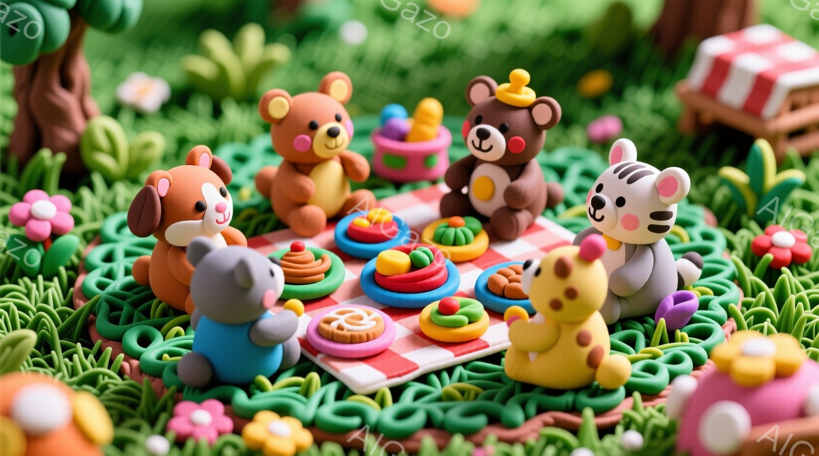 粘土で作られた動物たちが、チェック柄のピクニックシートを囲んでお菓子を囲んでいます。茶色のクマは帽子をかぶり、灰色のクマは少し控えめな表情で、キツネ、ウサギ、ライオンはそれぞれ楽しそうな表情でピクニッ - AI生成フリー素材