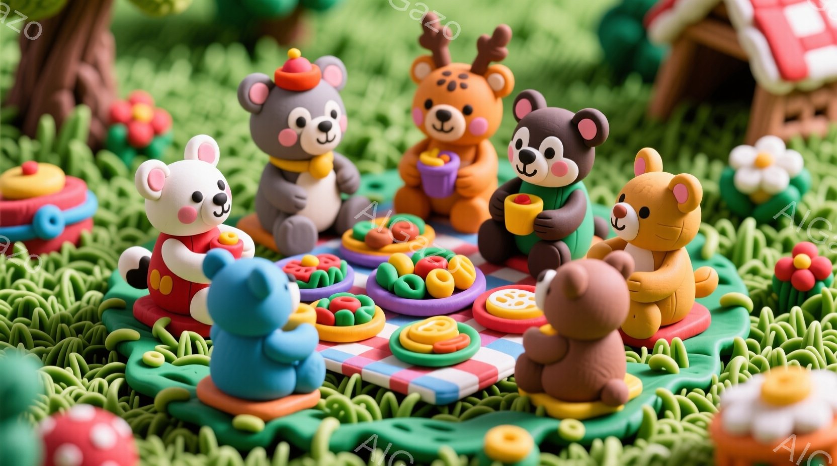 色とりどりの粘土で作られた動物たちが、チェック柄の敷物の上でピクニックを楽しんでいます。クマ、ウサギ、リスなどの動物たちは、それぞれ帽子をかぶり、お茶やクッキーを前に、リラックスした表情で座っています - AI生成フリー素材