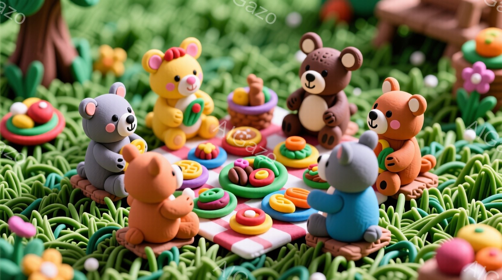 これは粘土で作られた可愛らしいクマたちのピクニック風景です。様々な色のクマたちが赤いチェック柄の敷物の上に座り、おもちゃの食べ物を囲んでいます。背景は緑色の草むらで、小さな花やキノコが点在し、暖かく平 - AI生成フリー素材