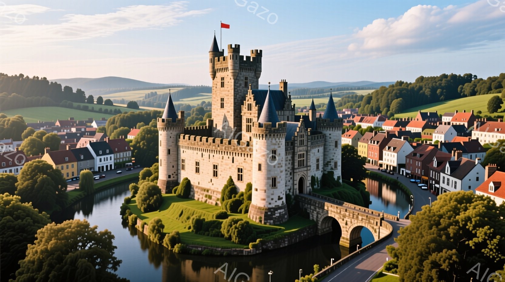 中世の城が曲がりくねった川の中にそびえ立ち、周囲には赤い屋根の家々が密集しています。緑豊かな丘と森林が背景に広がり、晴れた空の下、穏やかで絵画のような風景を作り出しています。城の塔は高くそびえ立ち、中世ヨーロッパの雰囲気を醸し出しています。