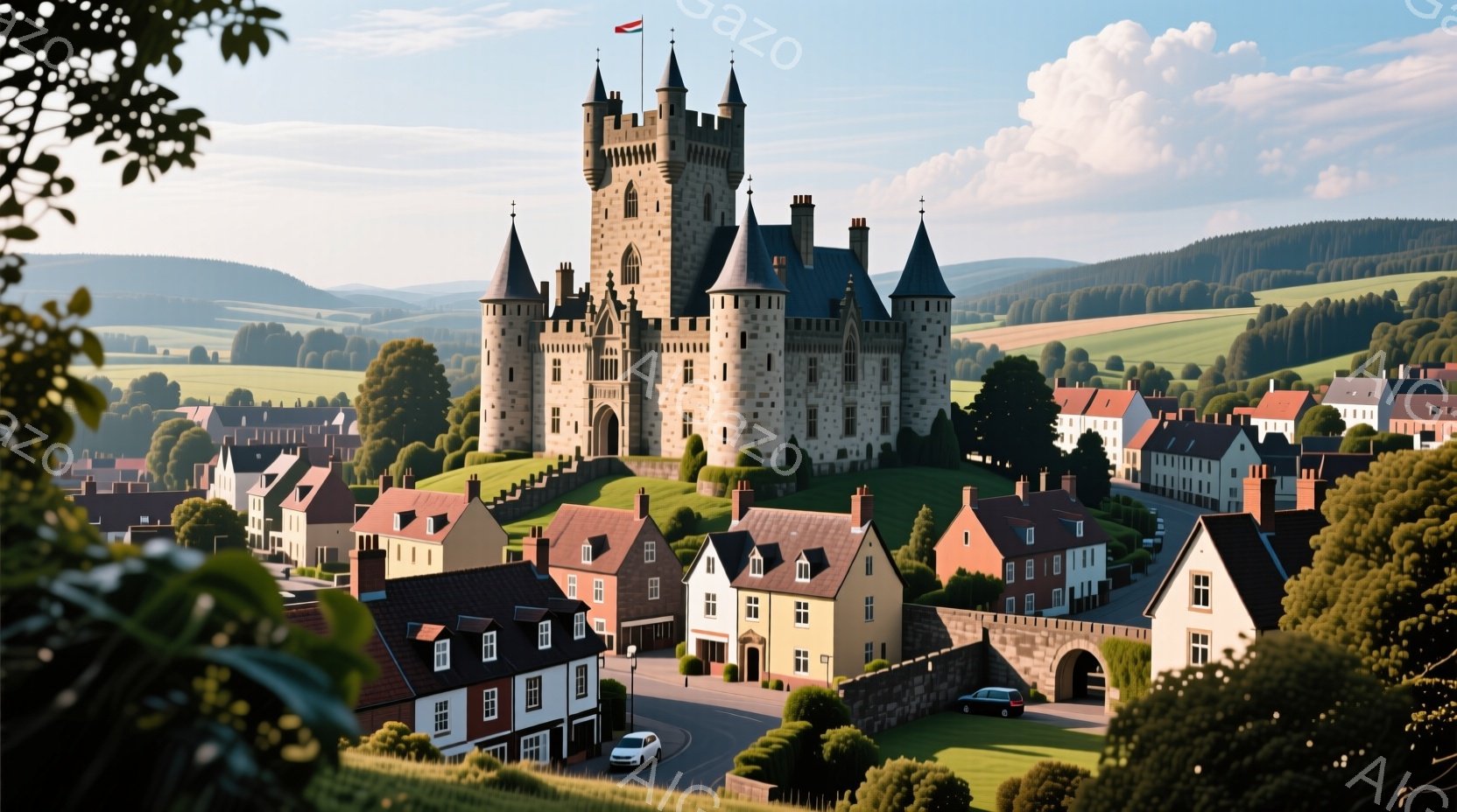 雨の日の朝のシーンで、中世城と周辺の町が見られます。城の破損部分や高い塔が特徴的で、町の建物には赤い屋根が並んでいます。空は青く、雲が流れており、雨が降っているようです。人物は存在しないため、服装、髪型、表情などの詳細については述べられません。