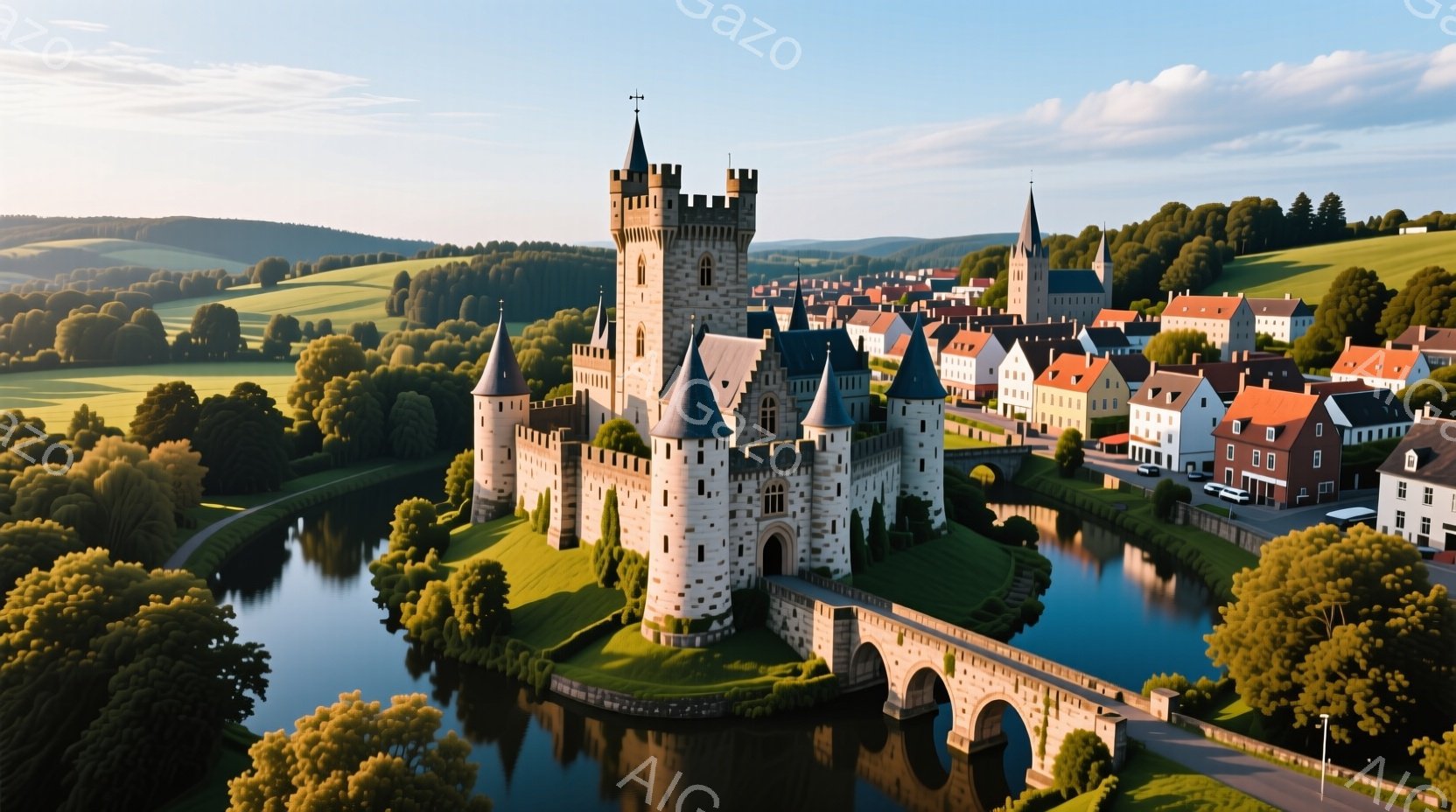 白亜の美しい城が、水に囲まれた小高い丘の上に堂々と建っており、周囲には緑豊かな自然が広がっています。城は複数の塔を持ち、その白壁と黒い屋根が印象的で、中世の雰囲気を醸し出しています。背景には、可愛らし - AI生成フリー素材