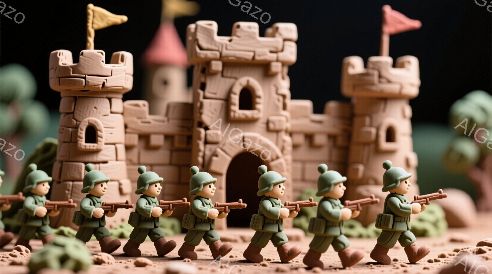 小さな兵隊の人形が、砂色の地形を整列して行進している。彼らは緑色の帽子と制服を着ており、一様に真剣な表情で小さな銃を構えている。背景には、塔とアーチのある砂色の城と、緑色の小さな植物が見え、おとぎ話のような雰囲気を作り出している。