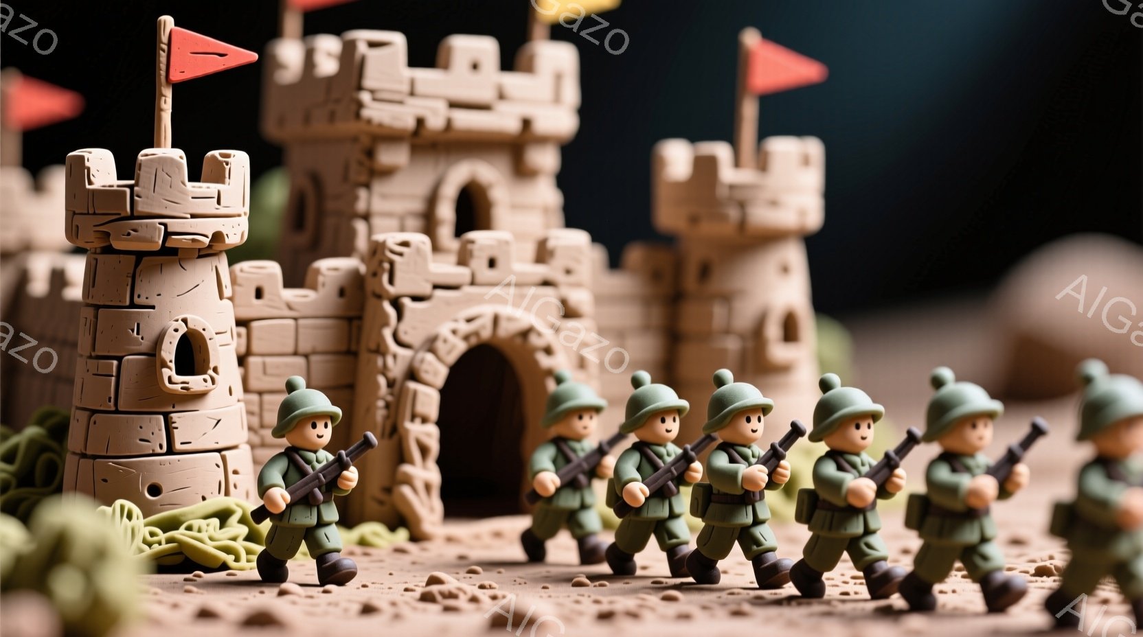 土で作られたような城門と兵士のフィギュアが並んでいます。兵士たちは緑色の帽子と制服を着て、銃を構え、整列して行進しているように見えます。背景には土で作られた地形や植物があり、全体的にレトロな雰囲気のジオラマのようです。