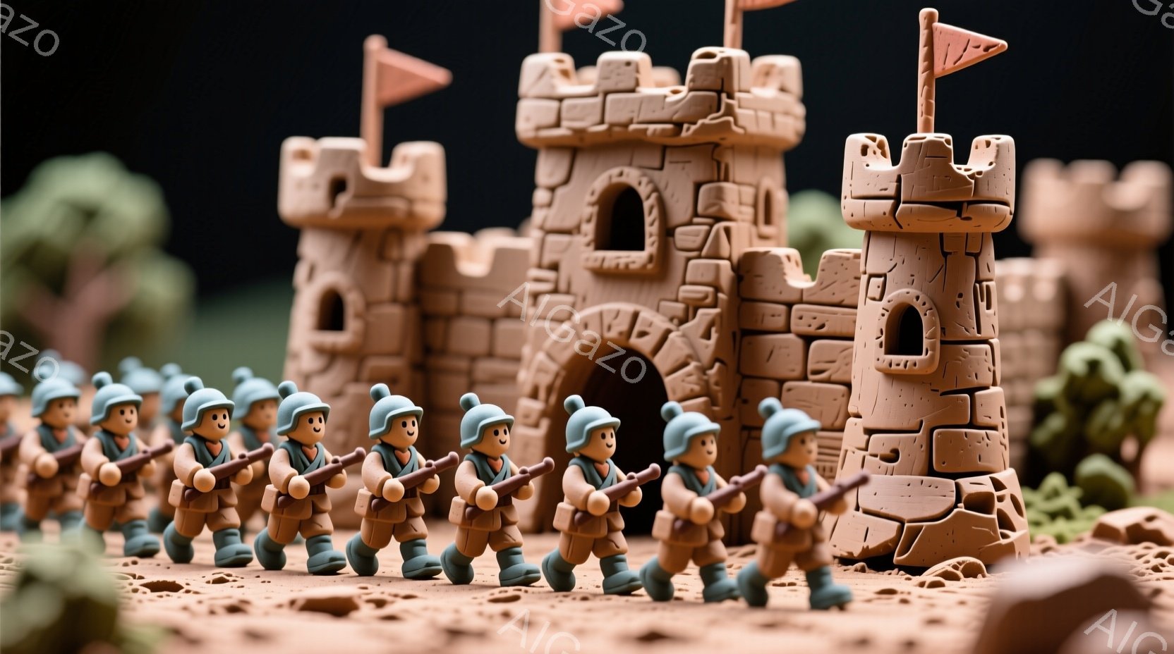 小さな兵隊の人形たちが、砂色の城壁の前に整列して行進している。彼らは青い帽子と制服を身に着け、一様に笑顔で武器を持っている。背景には、砂色の地形と小さな旗が立っている城壁がそびえ立ち、全体的に明るく、おとぎ話のような雰囲気である。