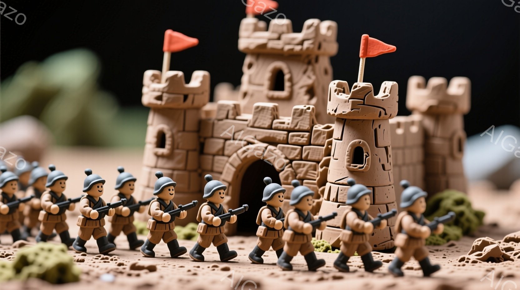土で作られたお城の前を、同じ制服を着た兵士の人形たちが一列に歩いている。兵士たちは緑色のヘルメットと茶色の制服を着ており、顔には表情がなく、同じように銃を構えている。背景には茶色の地面と緑色の小さな植 - AI生成フリー素材