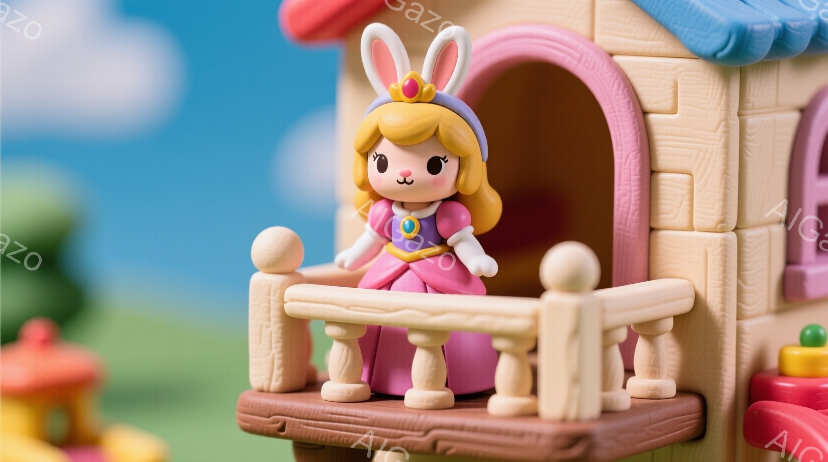 明るいピンク色のドレスを着たウサギの女の子が、クリーム色の柵に囲まれた小さなバルコニーに立っています。彼女は金色の髪をカールさせ、頭には小さな王冠を乗せ、微笑んでいます。背景には、パステルカラーのレン - AI生成フリー素材