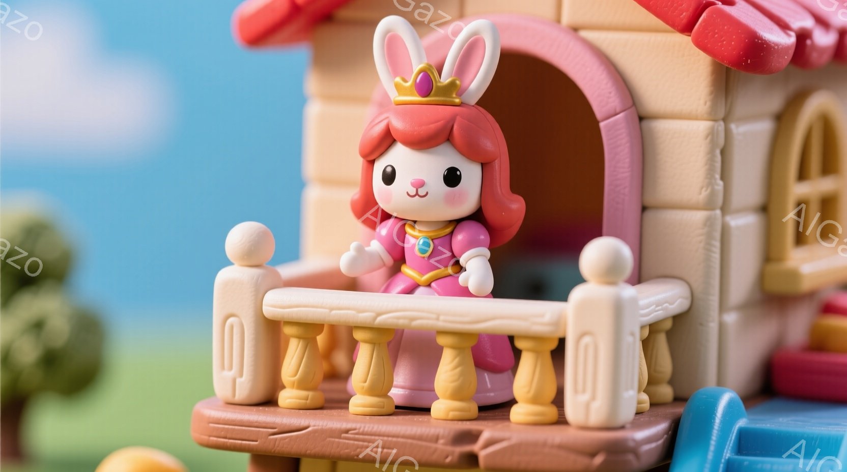 ピンク色のドレスと、頭には小さな王冠をつけたウサギの女の子が、お城のような建物のバルコニーに立っています。彼女は片手を上げて何かを指し示しており、表情は明るく、どこか優しげです。背景には緑の植物が見え - AI生成フリー素材