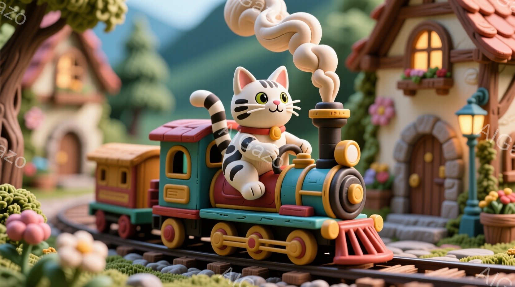 明るい緑色の線路の上を、可愛らしい猫が運転するカラフルな蒸気機関車が描かれています。猫は笑顔で帽子をかぶり、蒸気機関車の運転席に座って楽しんでいるようです。背景には、花で飾られた可愛らしい家々が並び、穏やかで温かい雰囲気を醸し出しています。