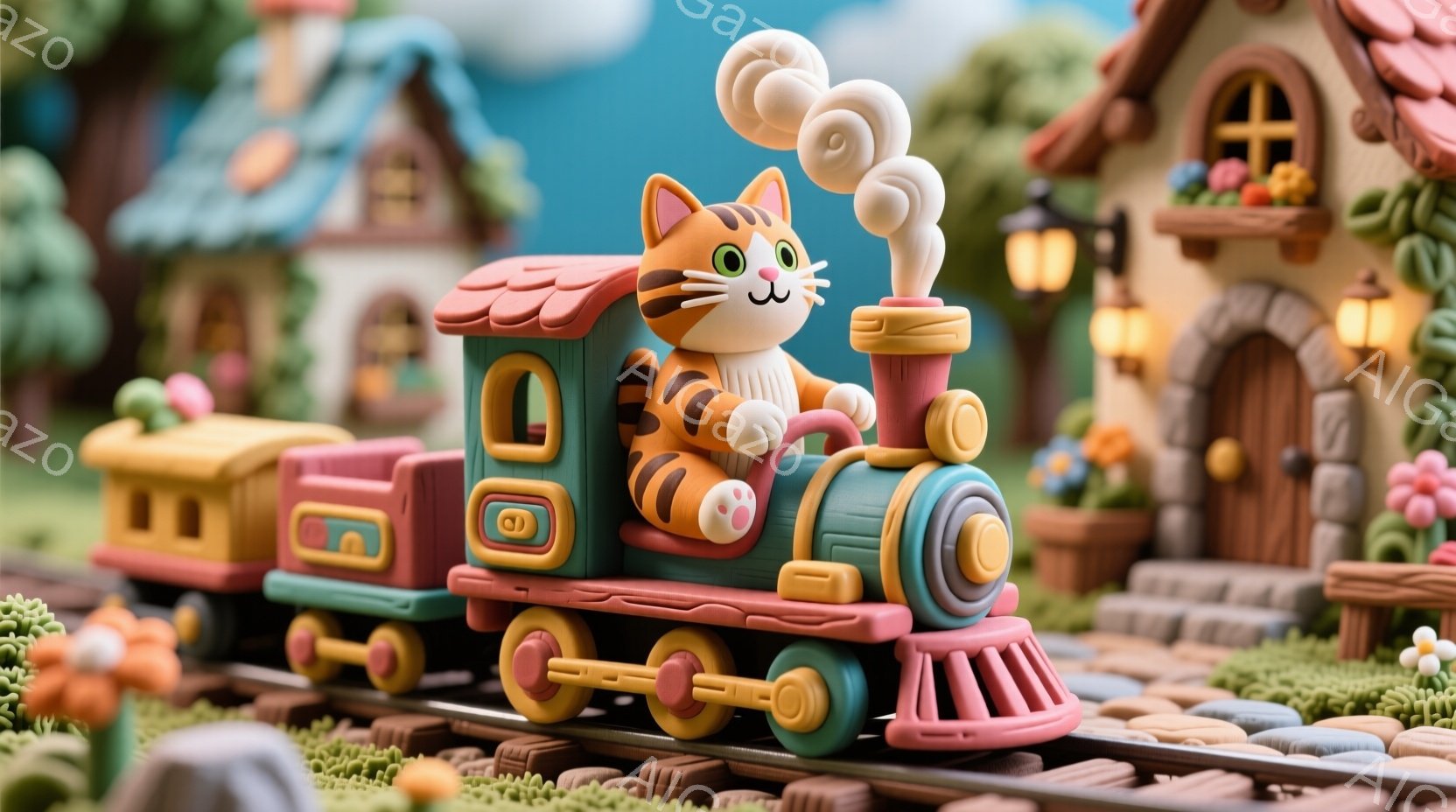 オレンジと白の縞模様の猫が、緑色の機関車の運転席に座って運転している様子が描かれています。機関車はピンクとオレンジのカラフルな色合いで、背景には可愛らしい家々や緑豊かな自然が広がっています。全体的に温かく、遊び心に満ちた雰囲気で、まるで絵本の世界のような可愛らしさです。