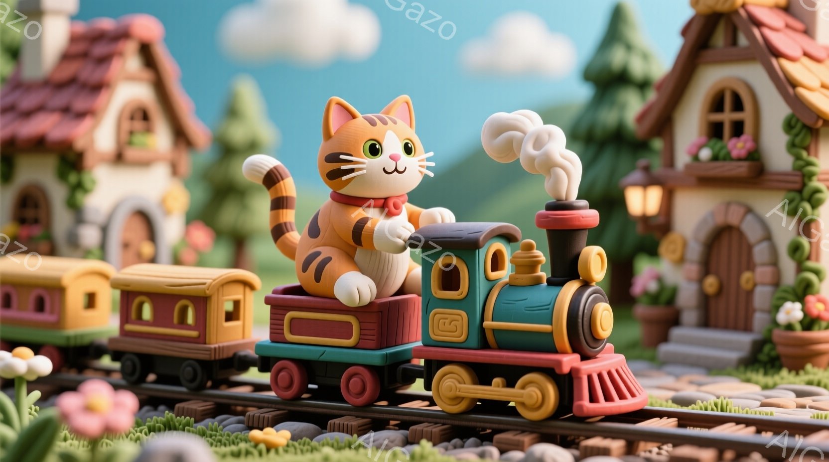 明るい色調の可愛らしい鉄道のイラストです。オレンジ色の縞模様の猫が、緑と赤の列車に乗って微笑んでいます。背景には、花が咲き乱れ、カラフルな家々が並び、晴れた空の下で、のどかな雰囲気が漂っています。