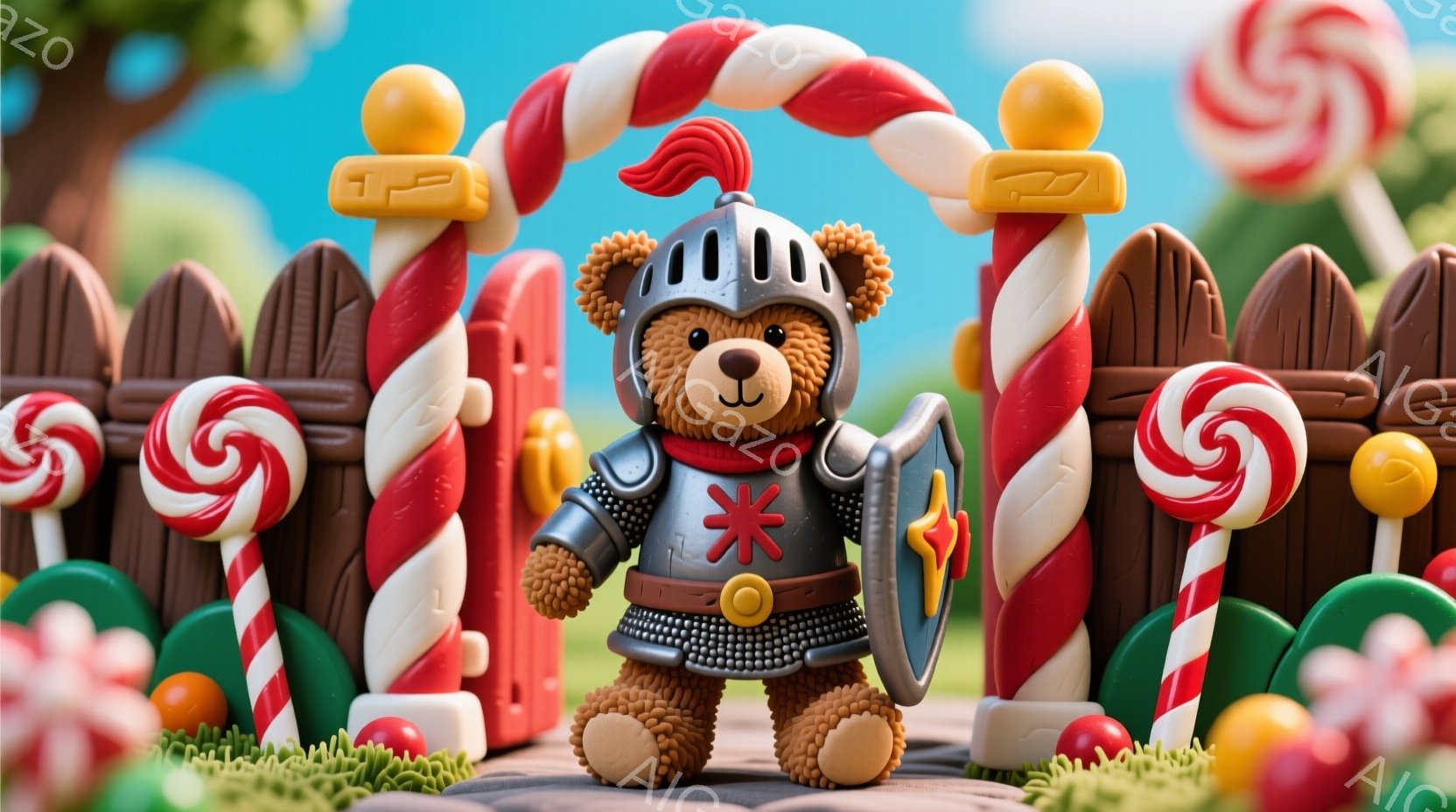 ぬいぐるみのクマが、中世の騎士の鎧を身に着けて立っています。赤と白のキャンディの柵と、色とりどりのキャンディが周囲を彩り、緑色の芝生の上で輝いています。全体的にファンタジーで遊び心のある、お菓子のような世界観が漂っています。