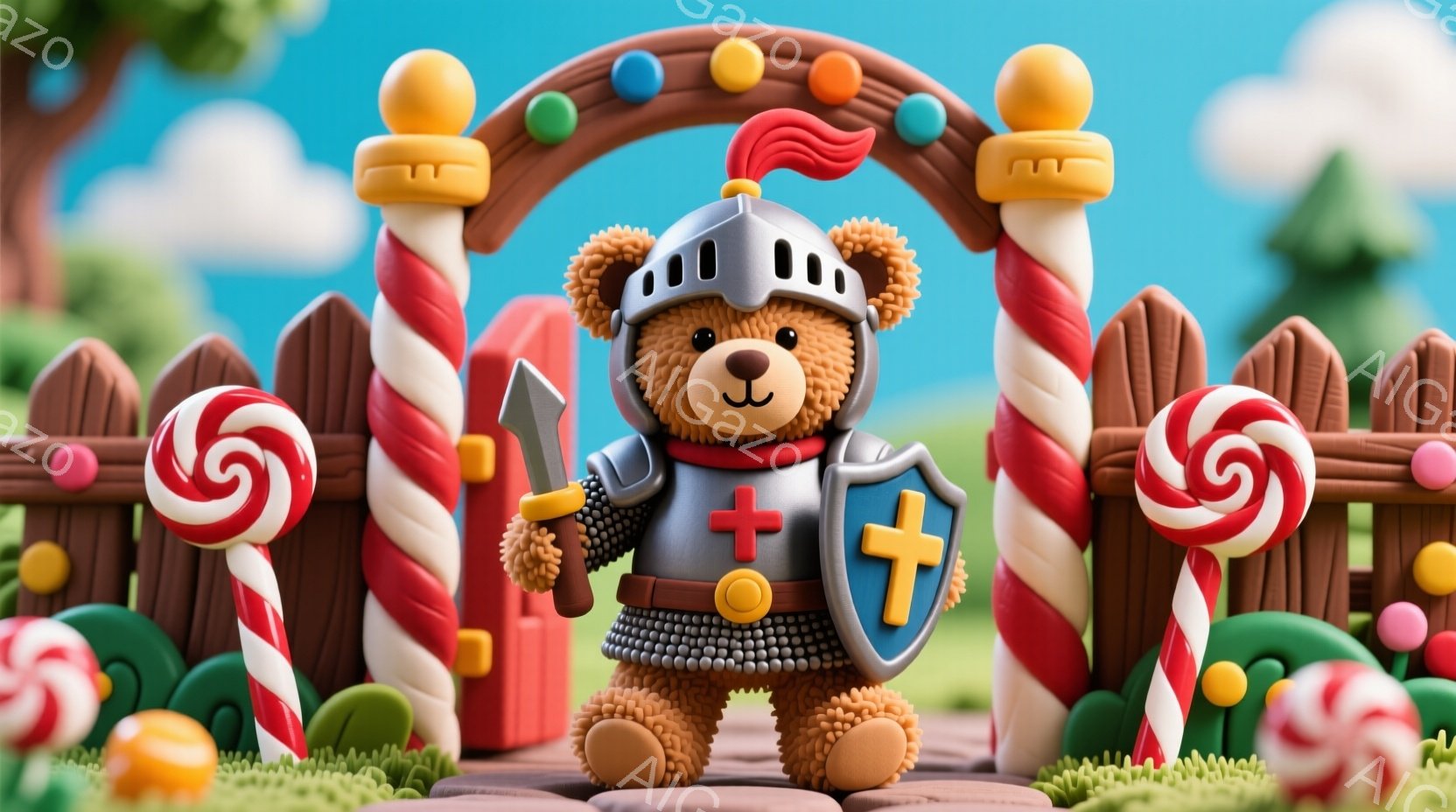 ぬいぐるみのような茶色のクマが、中世の騎士の鎧を身につけ、剣と盾を持って立っています。背景には、カラフルなキャンディーで作られたフェンスとアーチがあり、緑の芝生と赤いキノコが生い茂り、おとぎ話のような夢幻的な雰囲気を醸し出しています。明るい空と鮮やかな色彩が、陽気で楽しいムードを強調しています。