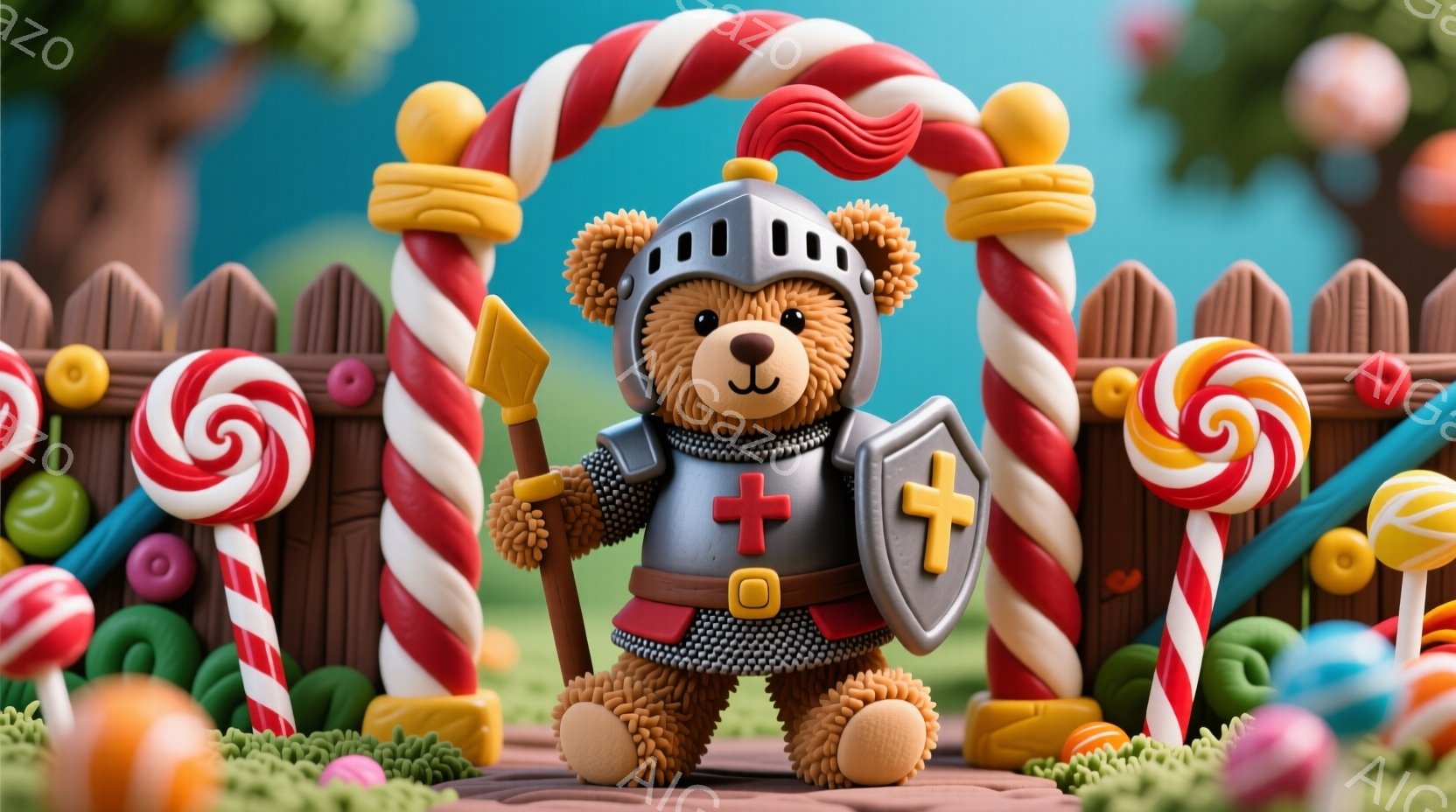 テディベアが中世の騎士の衣装を身につけ、レイアウトされたキャンディーの背景に立っています。彼は金属製のヘルメット、胸当て、盾を装備し、片手に槍を持っています。背景には、カラフルなキャンディーが並んだフェンスや地面が見え、お祭り騒ぎのような楽しげな雰囲気を醸し出しています。