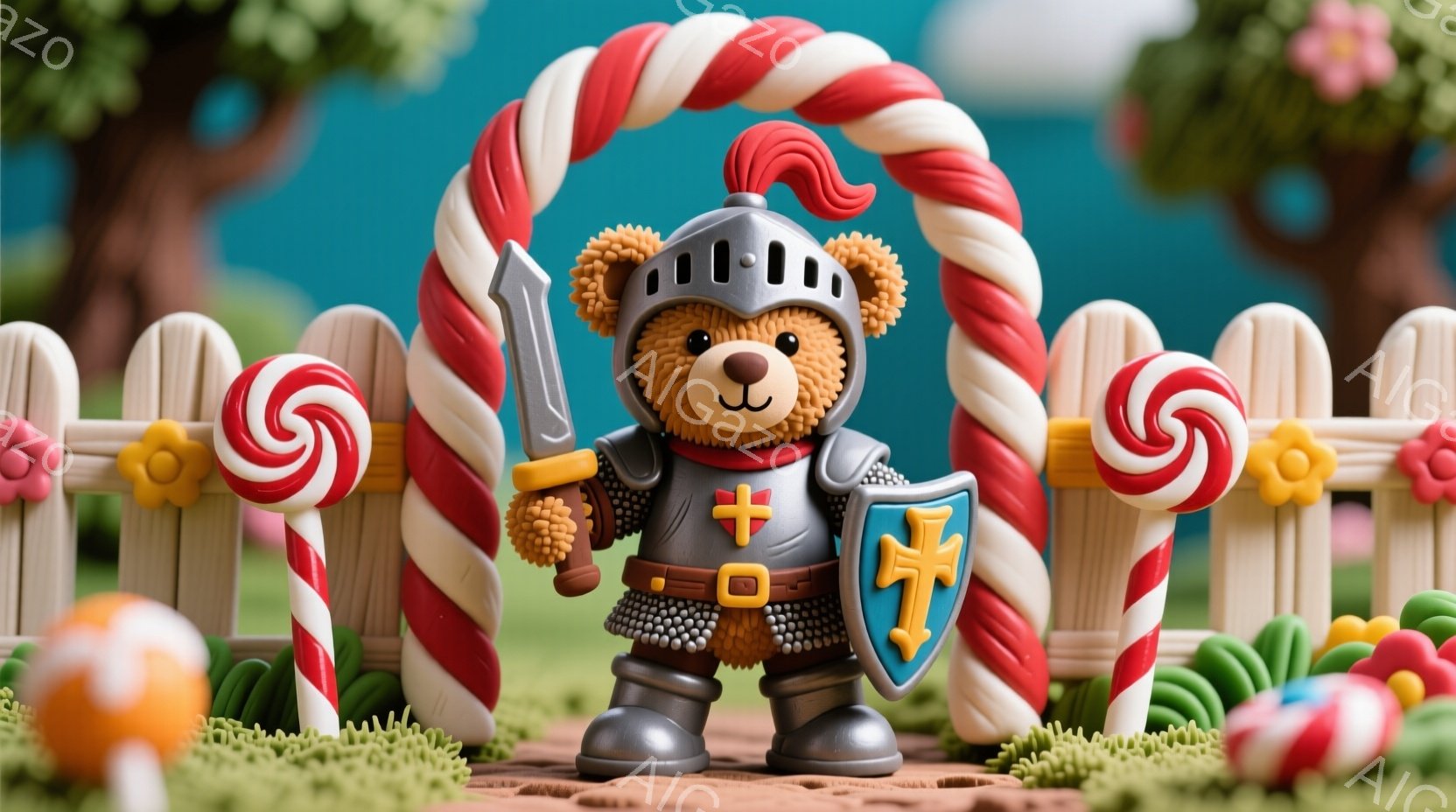中世の騎士の衣装をまとったテディベアを描いています。ベアは銀色の鎧と赤い十字架の紋章が入った盾、剣を携え、真剣な表情で立っています。背景にはキャンディで作られたフェンスと花が咲き乱れ、おとぎ話のようなファンタジーな雰囲気が漂っています。