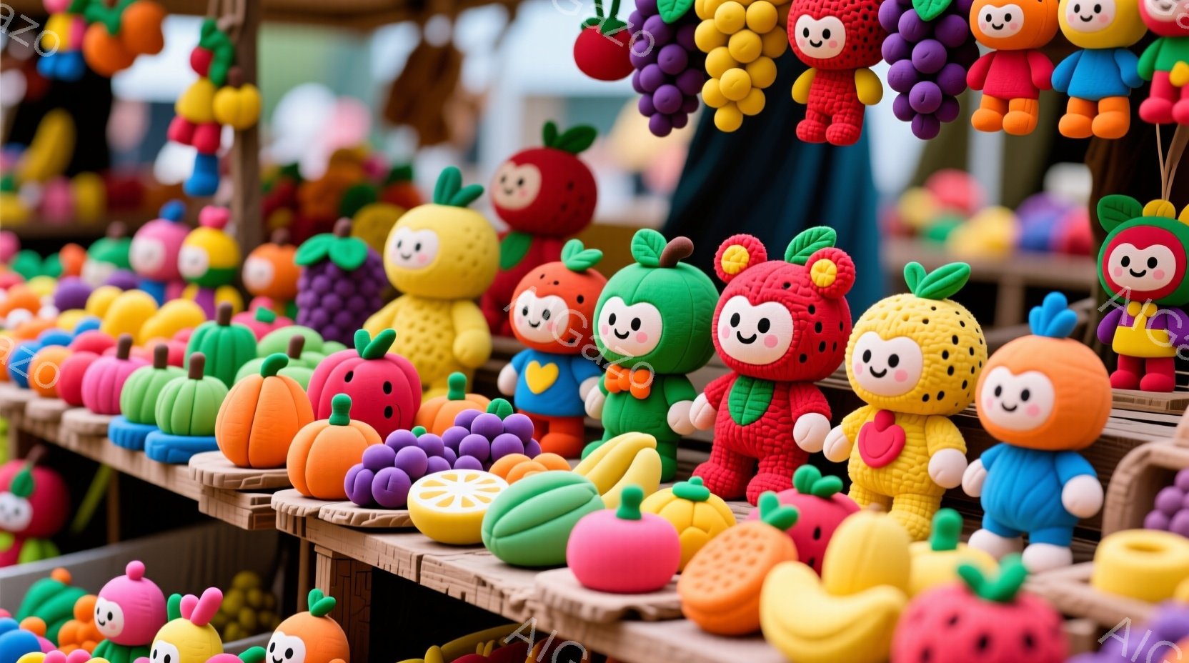 色とりどりの果物や野菜を模した人形が、棚にずらりと並んでいます。各人形は愛らしい表情をしており、まるで生きているかのように見えます。背景には木製の棚があり、全体的に明るく、楽しい雰囲気を醸し出しています。