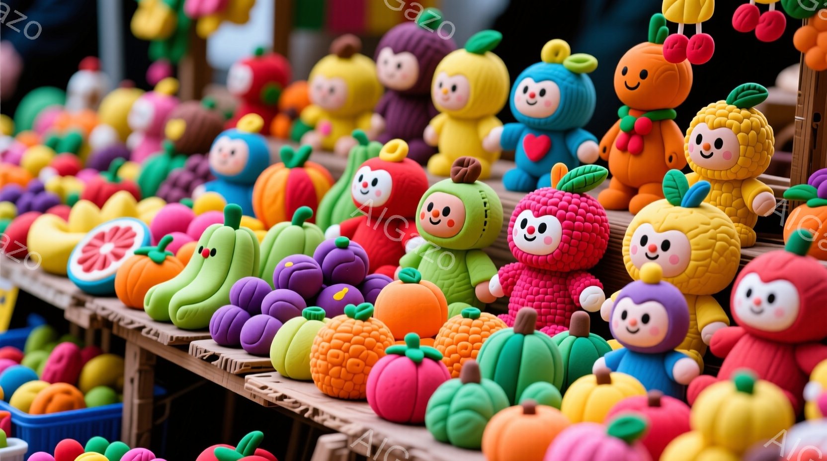 色とりどりのフルーツをモチーフにした可愛らしい人形たちが、ずらりと並んでいます。それぞれの表情は笑顔で、まるでお祭りやイベントを盛り上げるかのような、明るく楽しい雰囲気を醸し出しています。背景には、木製の棚がぼんやりと見え、全体的に活気のある市場の様子が想像できます。