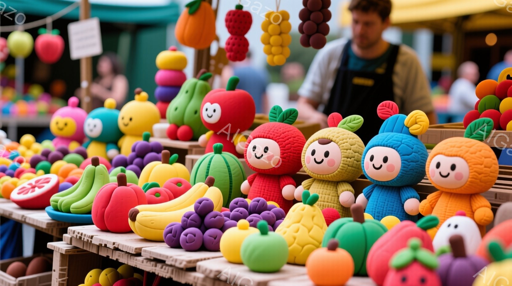 色とりどりのフルーツを模したぬいぐるみたちが、木製のテーブルの上に並べられています。背景には、ぼんやりと人影やテントが見え、屋外の市場のような賑やかな雰囲気です。全体的に明るく、可愛らしい印象を与える - AI生成フリー素材