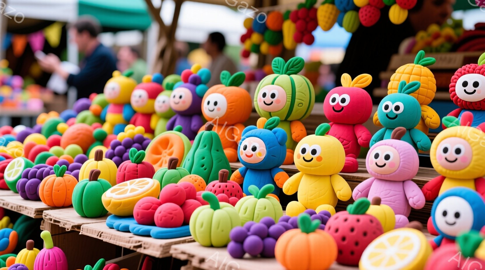 色とりどりのフルーツを模したぬいぐるみたちが、木製の棚にずらりと並んでいます。それぞれのぬいぐるみは可愛らしい笑顔で、つぶらな瞳が特徴的です。背景にはぼやけた市場の様子が見え、活気ある雰囲気を感じさせます。