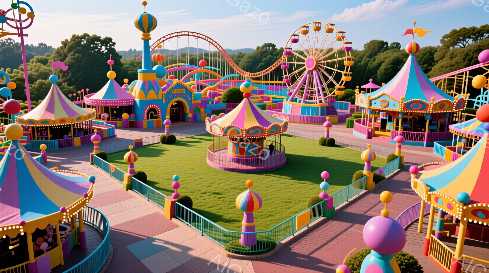 広大な遊園地が広がり、鮮やかなピンク、青、黄色のストライプのテントや乗り物が並んでいる。背景には緑豊かな丘と木々が広がり、晴れた空の下、お祭り騒ぎのような賑やかな雰囲気が漂う。人物は遊園地の奥に一人、帽子とコートを着て立っており、楽しむ様子は伺えない。