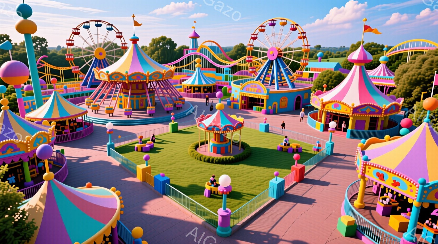 鮮やかな遊園地が広がり、カラフルな乗り物やゲームが並んでいます。人々は様々なアトラクションを楽しんでおり、子供たちは明るい色の服を着て楽しそうに走り回っています。背景には観覧車やジェットコースターが見え、青空の下、陽気で活気のある雰囲気が漂っています。