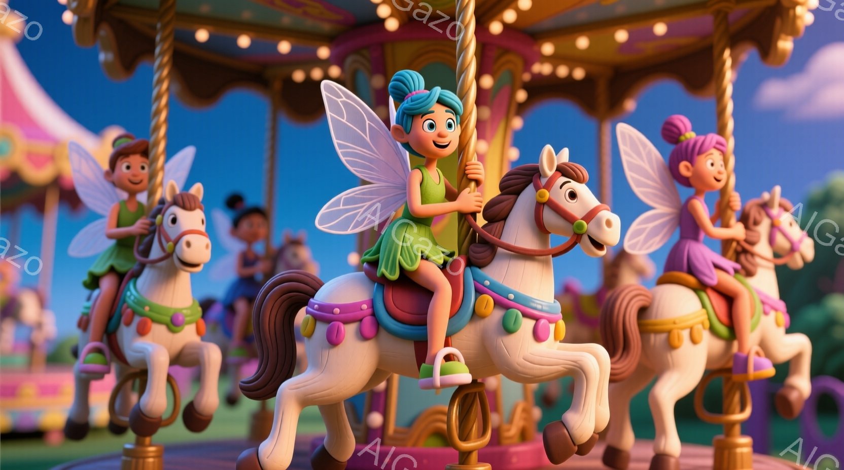 回転木馬に乗った若い女の子たちが描かれています。彼女たちはそれぞれ緑色のドレスと羽を身につけ、髪を三つ編みにしています。背景はパステルカラーで、楽しげな遊園地の雰囲気で、明るい日差しが差し込んでいます - AI生成フリー素材
