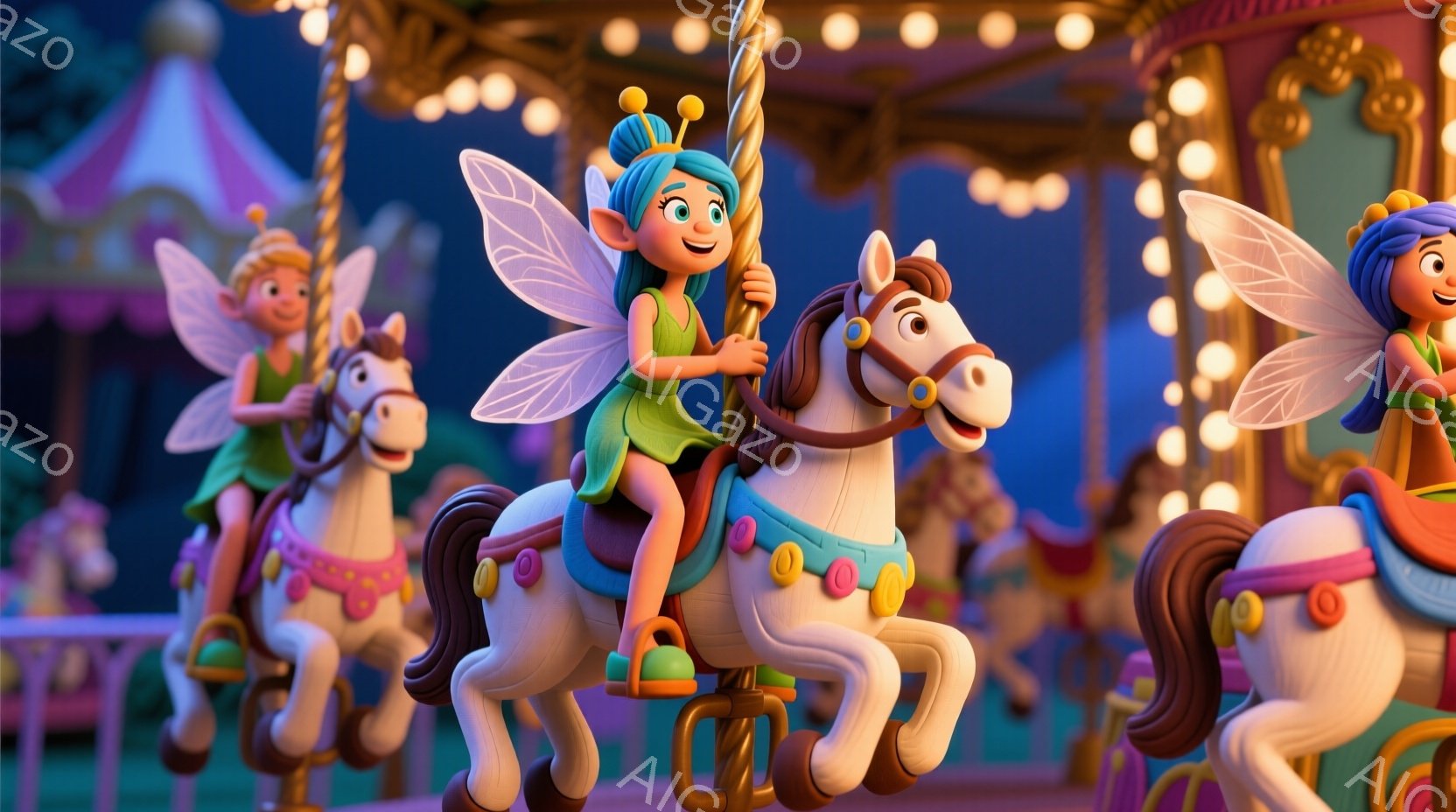 美しいメリーゴーランドで、緑色のドレスを着た少女が白い馬に乗っています。彼女は巻き毛の茶色の髪をしており、笑顔で楽しそうに空を飛んでいるようです。背景には、カラフルな装飾が施されたメリーゴーランドの建物と、他の馬が描かれており、全体的に明るく楽しい雰囲気が漂っています。