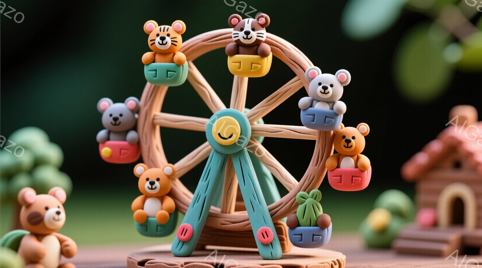 粘土で作られたような可愛らしい動物たちが、ミニチュアの観覧車に乗っています。各動物は、オレンジ色のベストを着ており、シンプルな笑顔を浮かべています。背景には緑の植物や可愛らしい茶色の家が見え、穏やかで - AI生成フリー素材