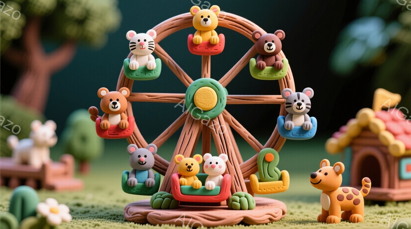 鮮やかな緑色の芝生の上に、可愛らしい動物たちが乗った観覧車が描かれています。動物たちはそれぞれ異なる色の座席に座り、楽しそうな表情をしています。背景には、可愛らしい家々や木々が見え、まるで絵本のような - AI生成フリー素材
