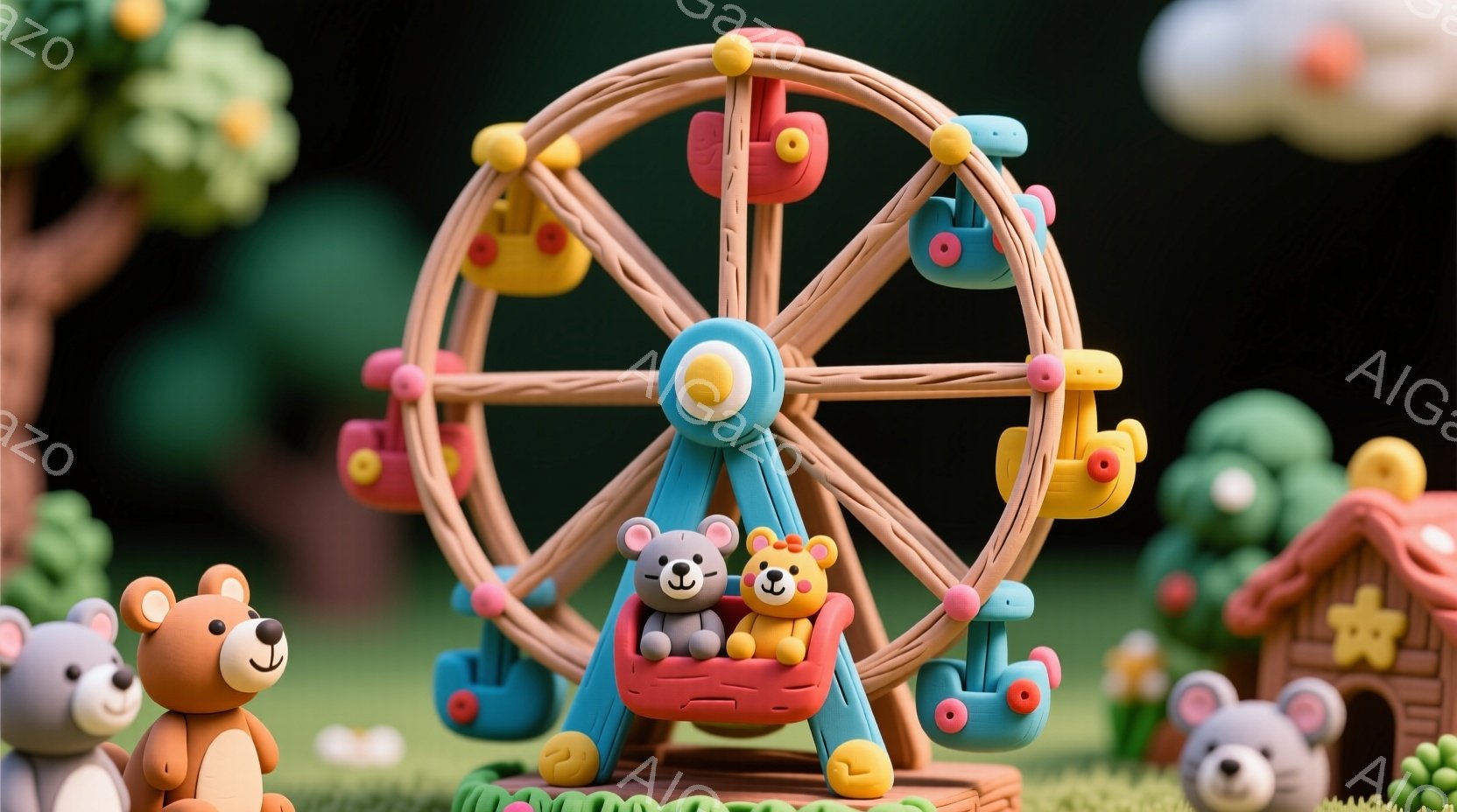 明るい緑色の芝生の上に、カラフルな遊園地のような風景が広がっています。茶色と水色の小さな熊のぬいぐるみたちが、回覧車に乗って楽しんでいます。背景には、可愛らしいデザインの家や、丸い茂みが点在し、明るく - AI生成フリー素材