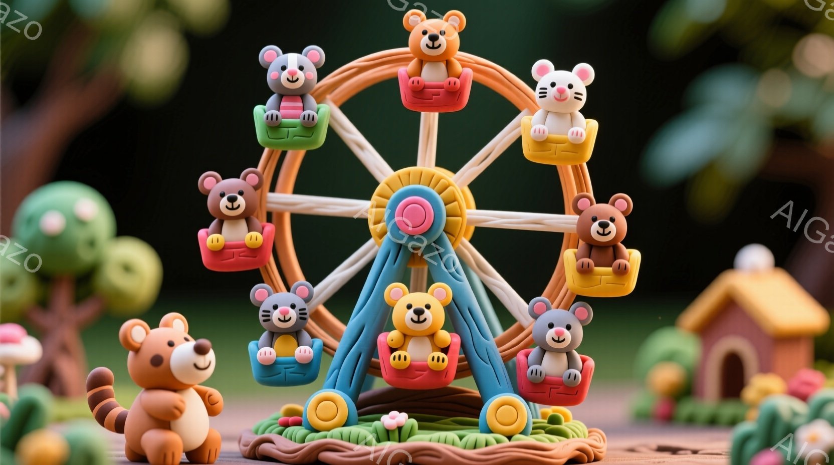 可愛らしい動物たちが遊園地の観覧車に乗っている様子が描かれています。観覧車には、クマや猫など様々な動物たちが座っており、それぞれ笑顔で楽しんでいます。背景には、可愛らしい家や木々があり、全体的に温かく、夢のような雰囲気が漂っています。