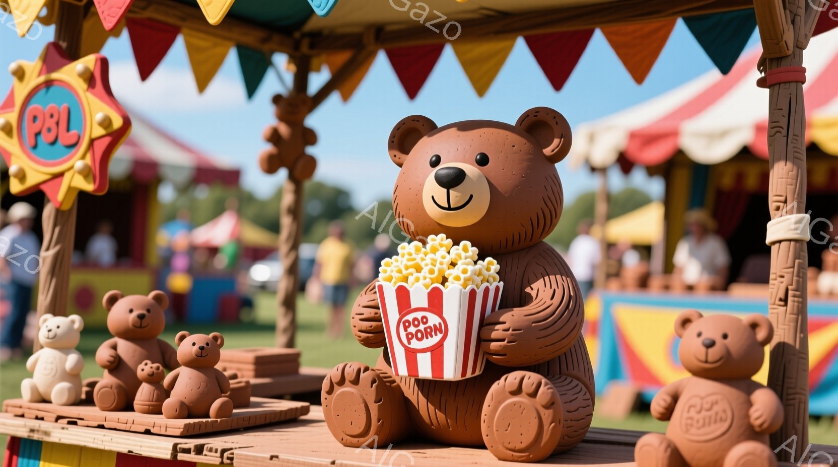 鮮やかな遊園地の屋台で、大きなテディベアがポップコーンの入ったバケツを持っています。バケツには「POOP CORN」と書かれており、周囲には小さなテディベアがいくつか並んでいます。背景には緑の芝生と、遊園地の賑やかな光景が広がり、晴れた日の楽しい雰囲気が伝わってきます。