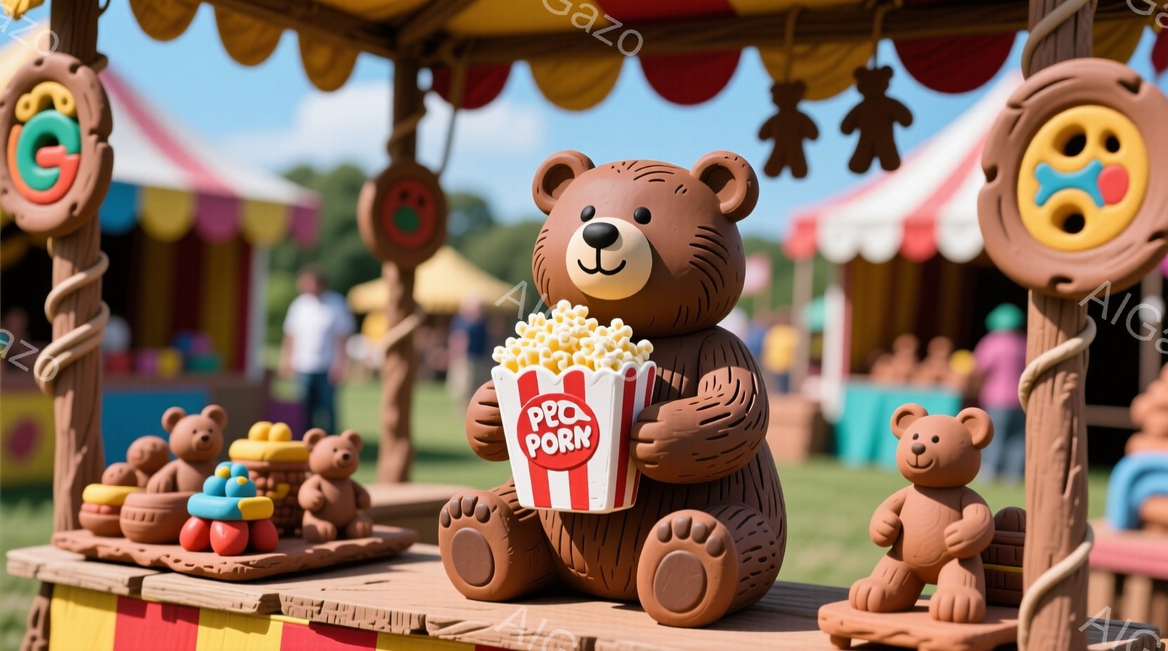 粘土で作られたクマの置物が、カラフルな屋台の上に並んでいます。メインのクマは赤いしましま模様のポップコーンの容器を持っており、幸せそうな表情をしています。背景には、テントや緑豊かな風景が見え、明るい日差しが差し込み、お祭りや遊園地の楽しい雰囲気を醸し出しています。