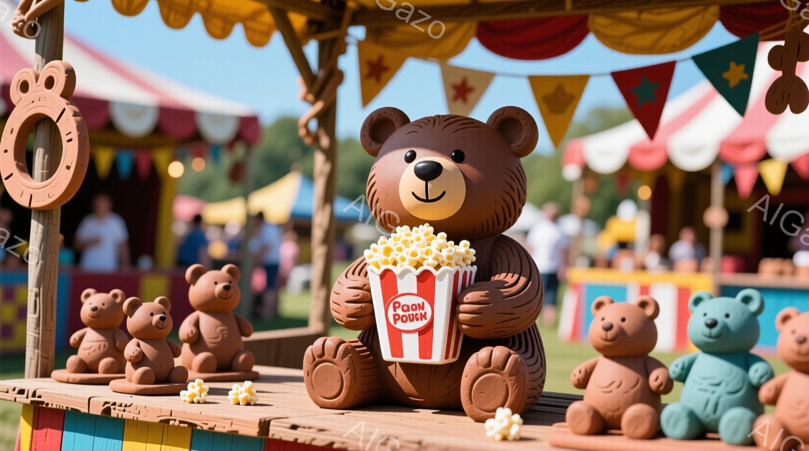 茶色のテディベアの人形たちが、カラフルな屋台の上に並んでいます。正面の大きなクマは、赤いストライプのポップコーンの容器を持っており、楽しそうな表情をしています。背景には緑の芝生、青い空、そしてカラフルな旗が飾られた屋台があり、お祭りのような明るく賑やかな雰囲気が漂っています。