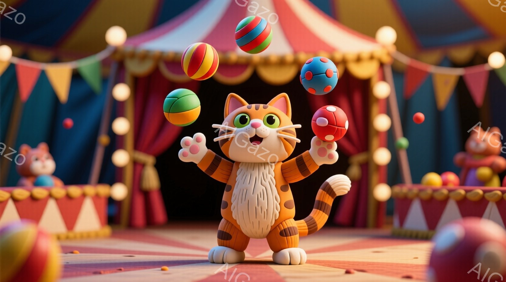 明るいサーカスの舞台で、オレンジ色の縞模様の猫が玉をジャグリングしています。猫は笑顔で、前足と後ろ足を広げ、活発なポーズをとっています。背景には、カラフルなテント、光る電球、そして他の動物の人形が見え、お祭り騒ぎの楽しい雰囲気が漂っています。
