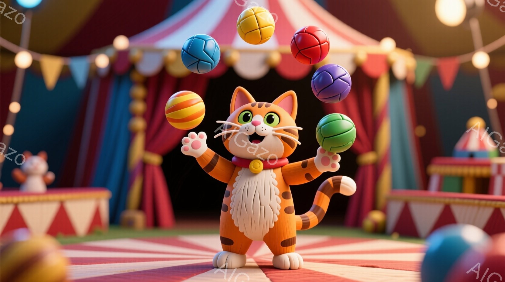 CG（コンピュータグラフィックス）アニメーション作品かもしれません。中央にはオレンジとホワイトの柴犬がおり、その手元で多くのボールを回しています。柴犬は穏やかな表情で、腕を広げ、足を踏んでボールを転がしているように見えます。 周囲の背景は、様々な色のテントやリッピングマシンが続くフェアです。その上部には、夜空の星が見られるようです。総体として、画像は明るく楽しい雰囲気を演出しています。