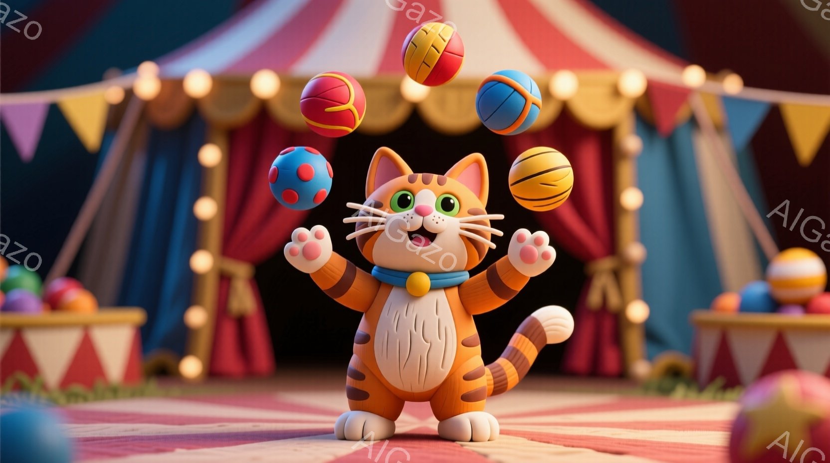 明るいオレンジ色の縞模様の猫が、カラフルなボールを宙で操っています。笑顔で両手を広げ、楽しそうにパフォーマンスをしている様子が伝わってきます。背景には、赤と白のストライプのテントと、小さなテーブルがあ - AI生成フリー素材