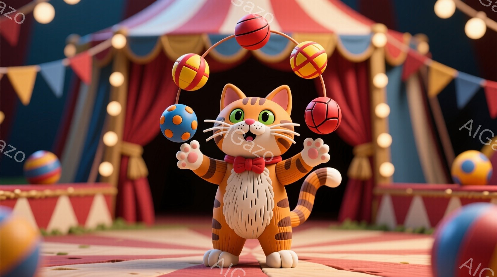 オレンジ色の縞模様の猫が、赤い蝶ネクタイをつけ、サーカスの舞台でジャグリングをしている。猫は嬉しそうな表情で、前足でカラフルなボールを巧みに操り、観客を楽しませている様子が伺える。背景には赤いテントと装飾が施され、明るく陽気なサーカスの雰囲気が漂っている。