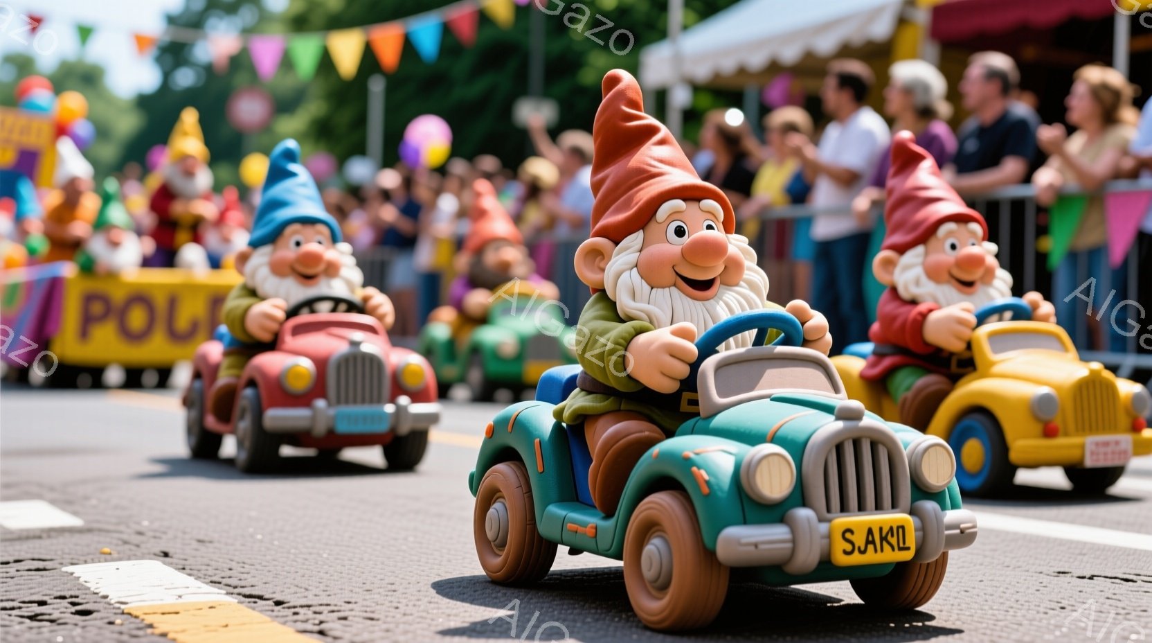 複数の庭のノームが、それぞれ小さなクラシックカーを運転してパレードに参加しています。ノームたちは赤い帽子を被り、笑顔で運転を楽しんでいるようです。背景には観客やカラフルな旗が並び、晴れた日の賑やかなパレードの雰囲気が伝わってきます。