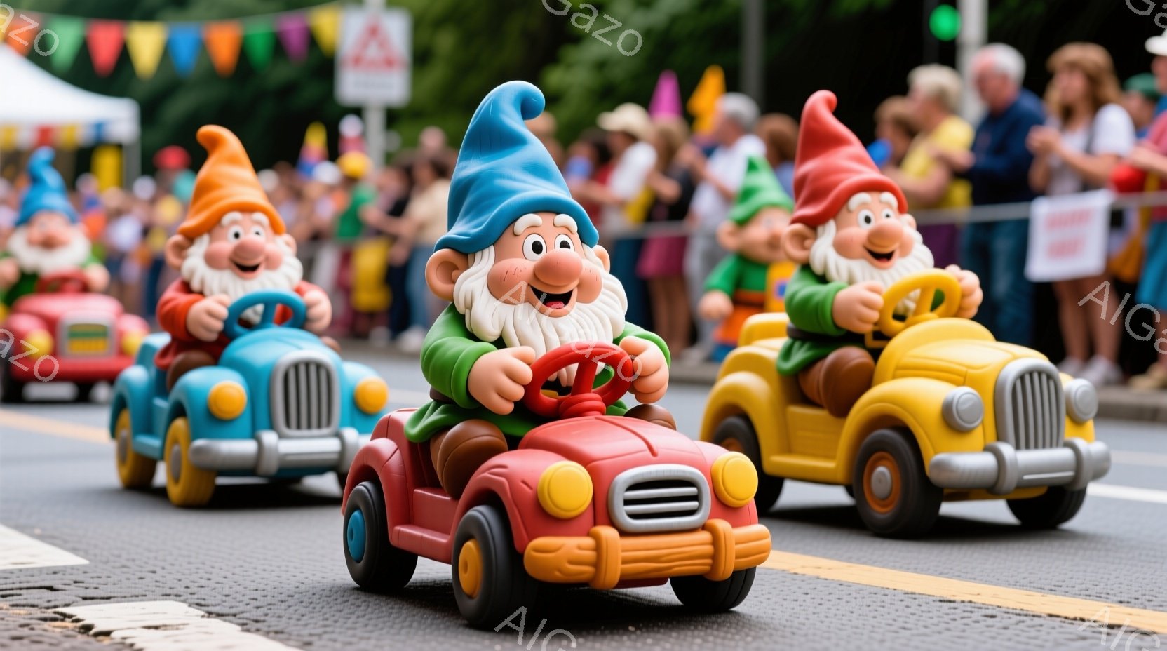 道路を小さな車で運転する３人の庭のノームが写っています。彼らは皆、赤、青、黄色と鮮やかな色の車を運転し、赤と白い帽子を被り、笑顔で運転を楽しんでいるようです。背景には、観客の群衆とカラフルな旗があり、活気があり、お祭りのような雰囲気です。